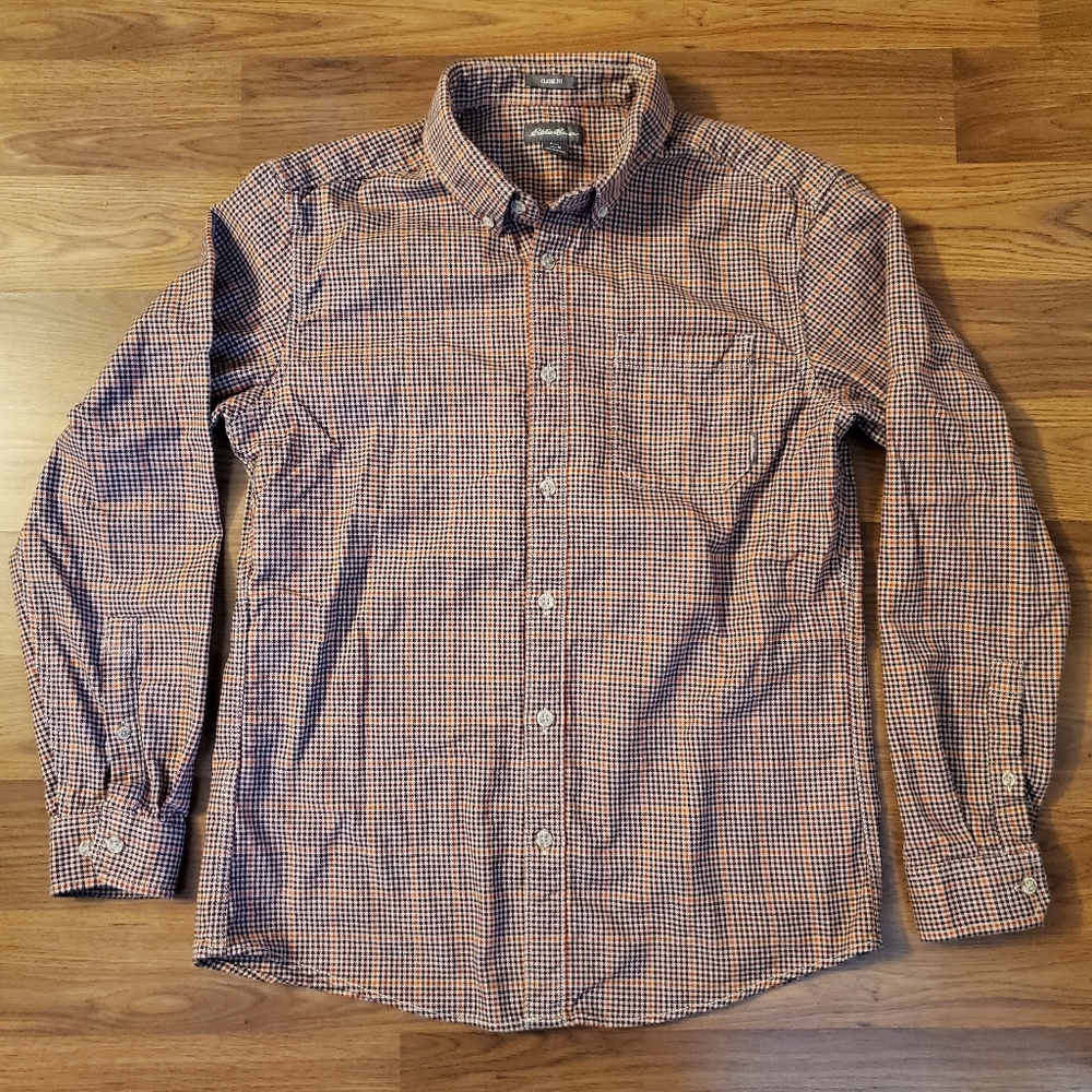 Eddie Bauer Men's Medium Classic Fit Brown Plaid Shirt Outdoors Hiking Camping